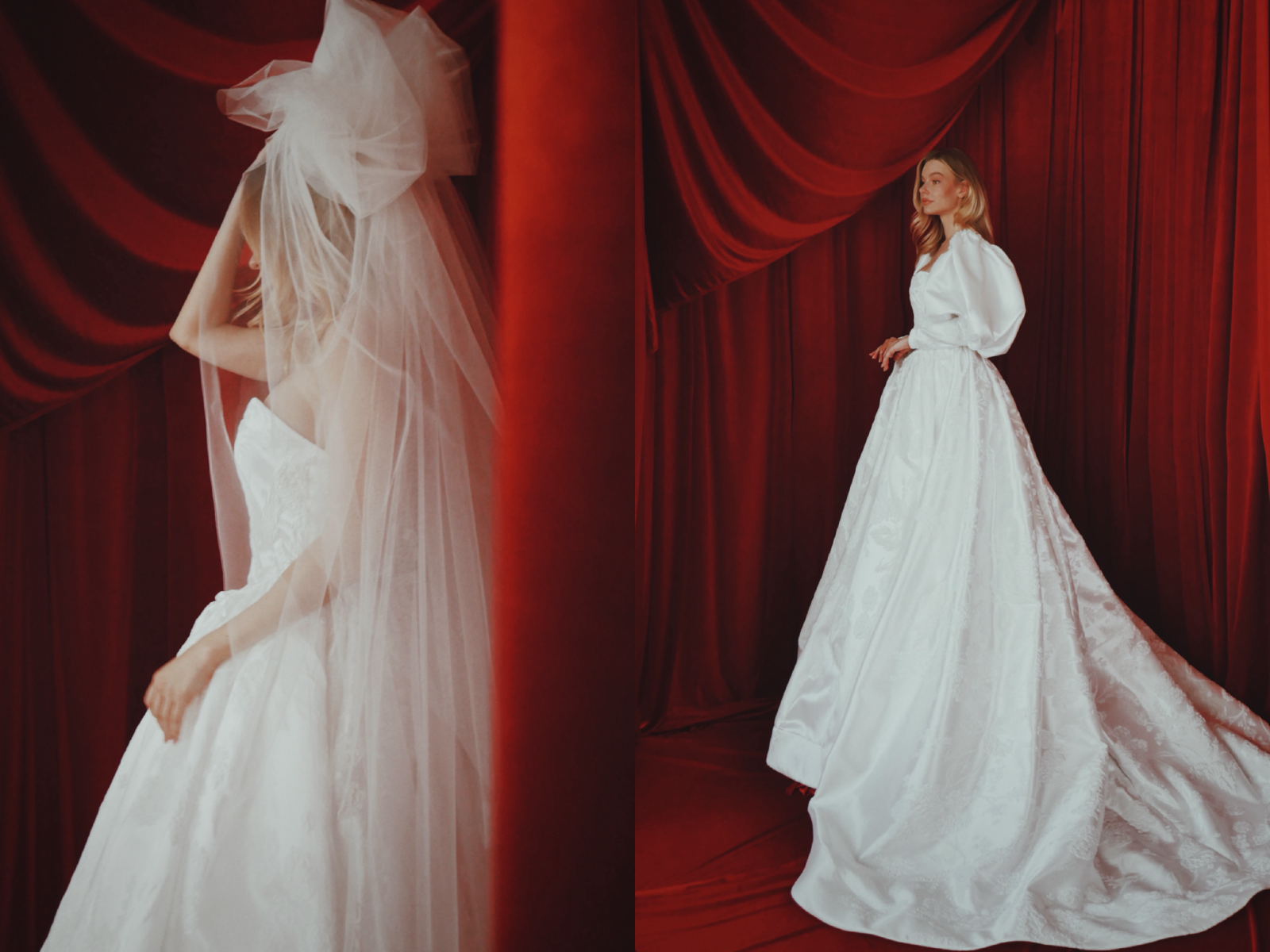 A bride wears a luxurious satin ball gown wedding dress against a red velvet backdrop