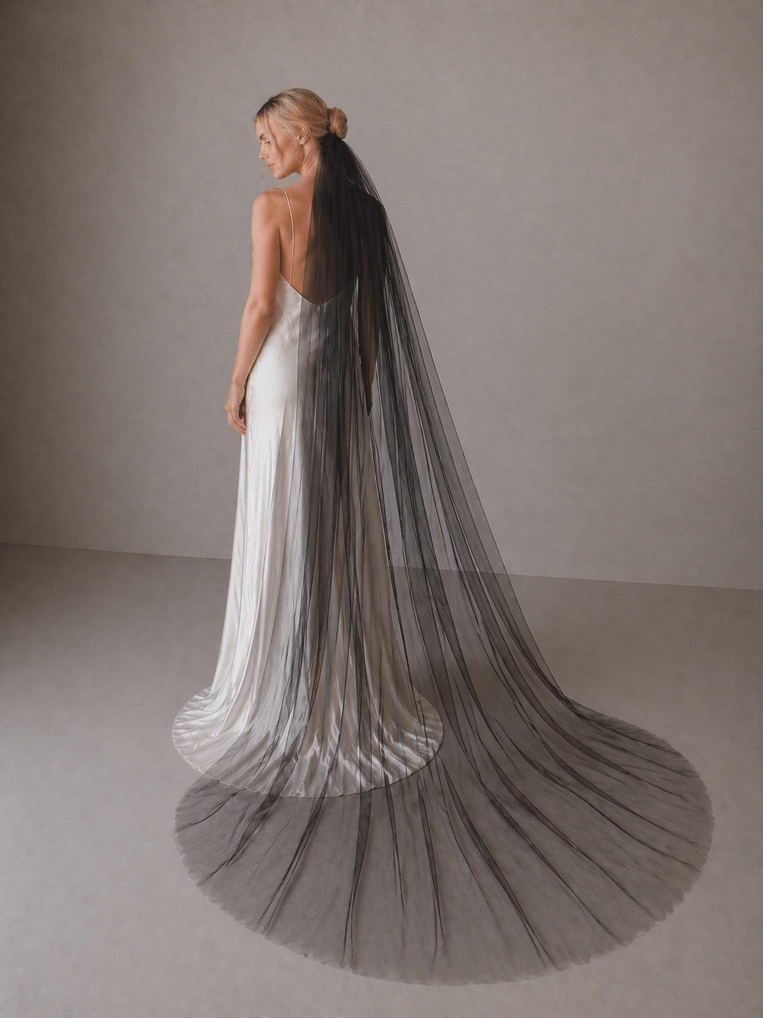 black classic tulle wedding veil slim width cathedral length raw edge minimalist bridal veil