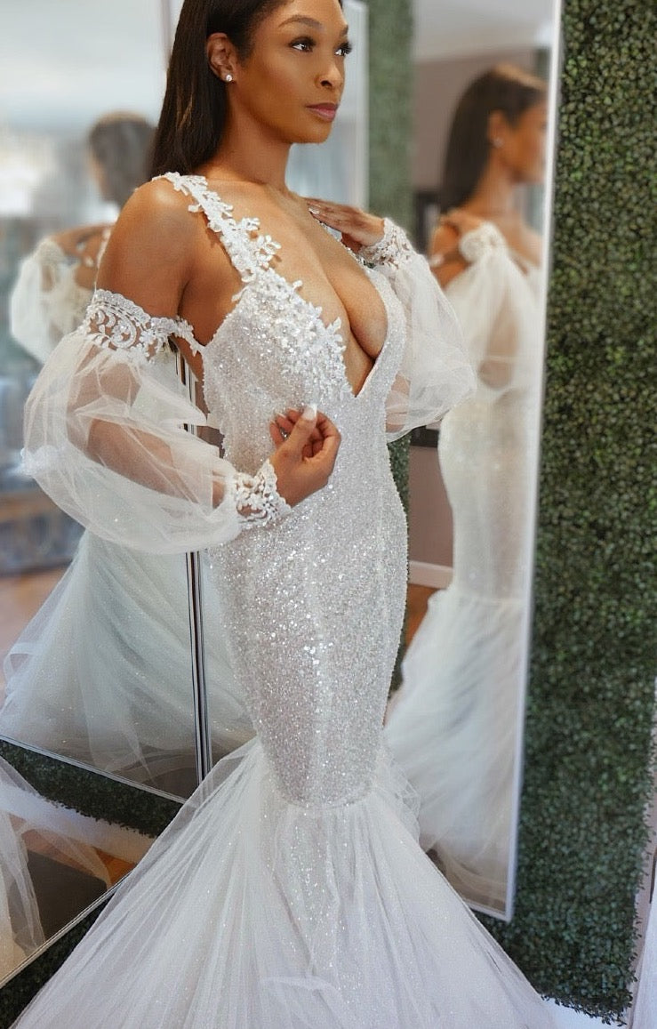Detachable Beaded Lace & Tulle Bishop Sleeves