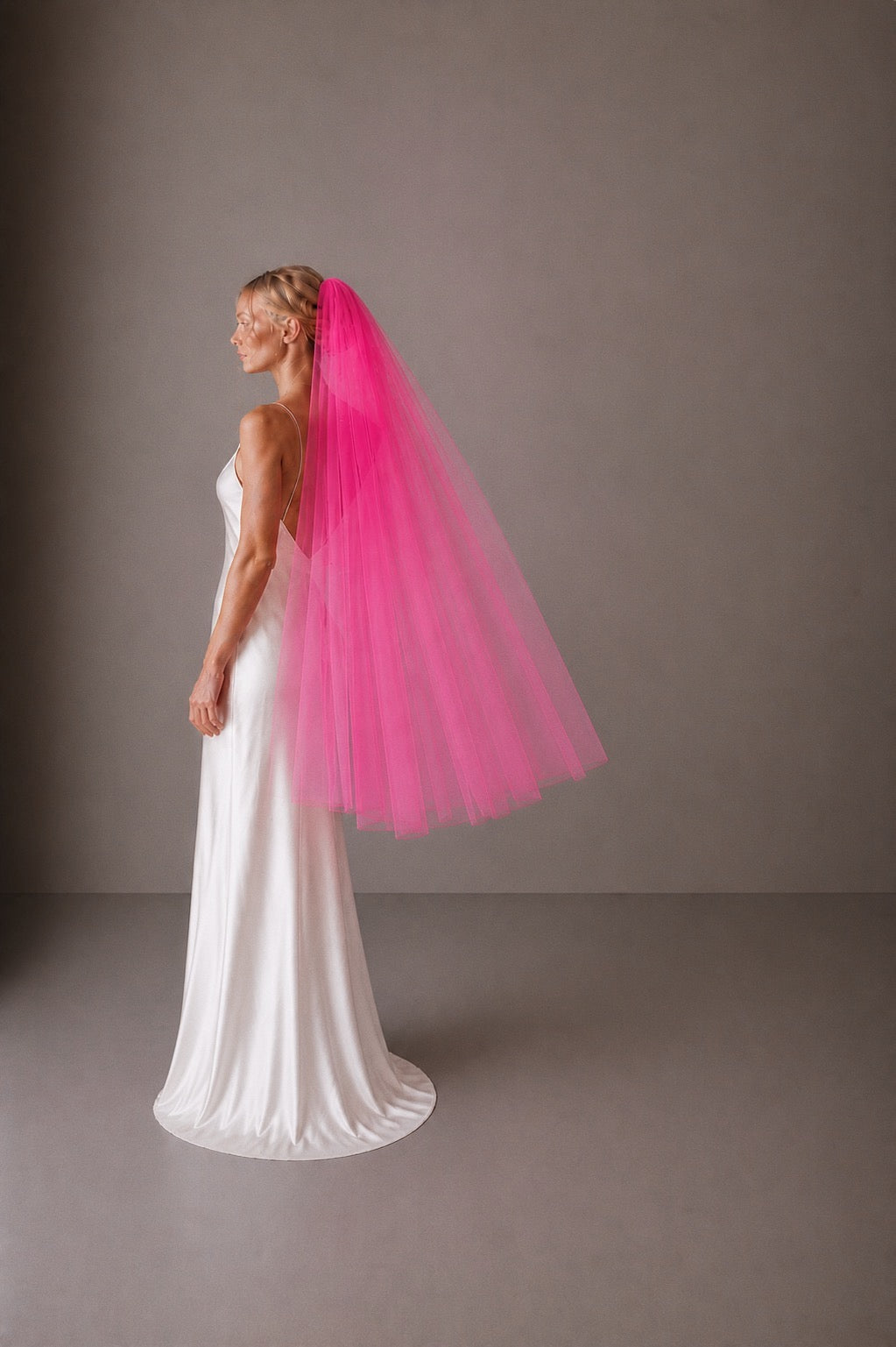 hot pink fingertip length tulle wedding veil full width short bridal veil raw edge
