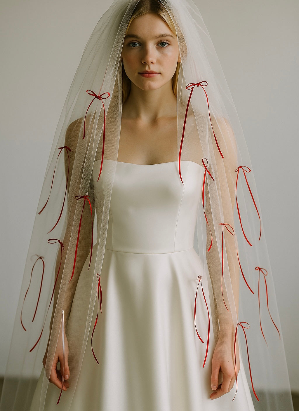 A model wears a tulle wedding veil adorned with red mini satin bows.