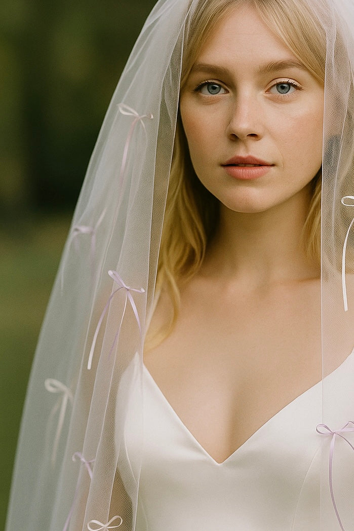 Closeup image of a bride wearing a veil covered in mini lavender bows.
