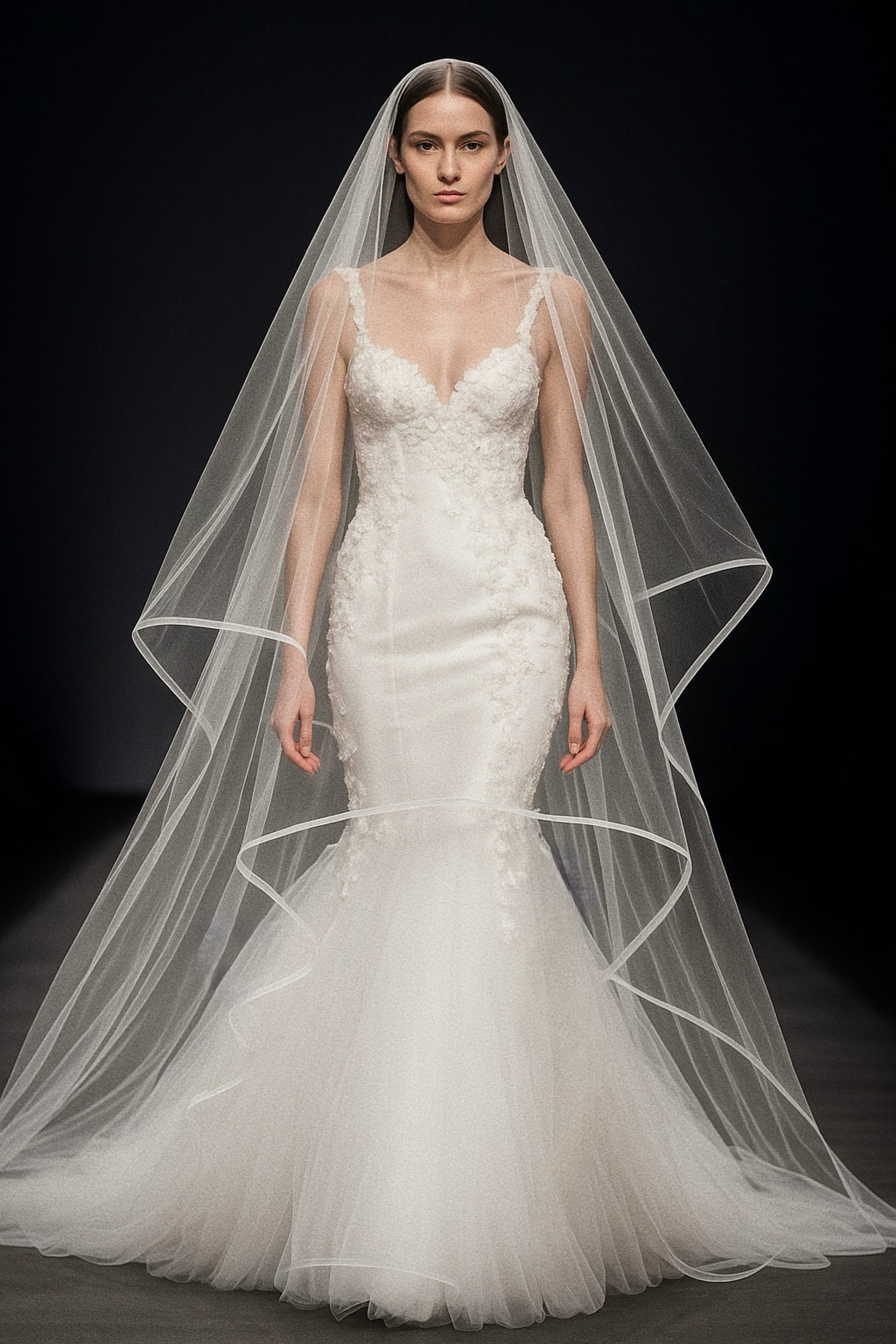 A model wears a horsehair hem tulle bridal veil on the Lauren Elaine Bridal fashion week runway.