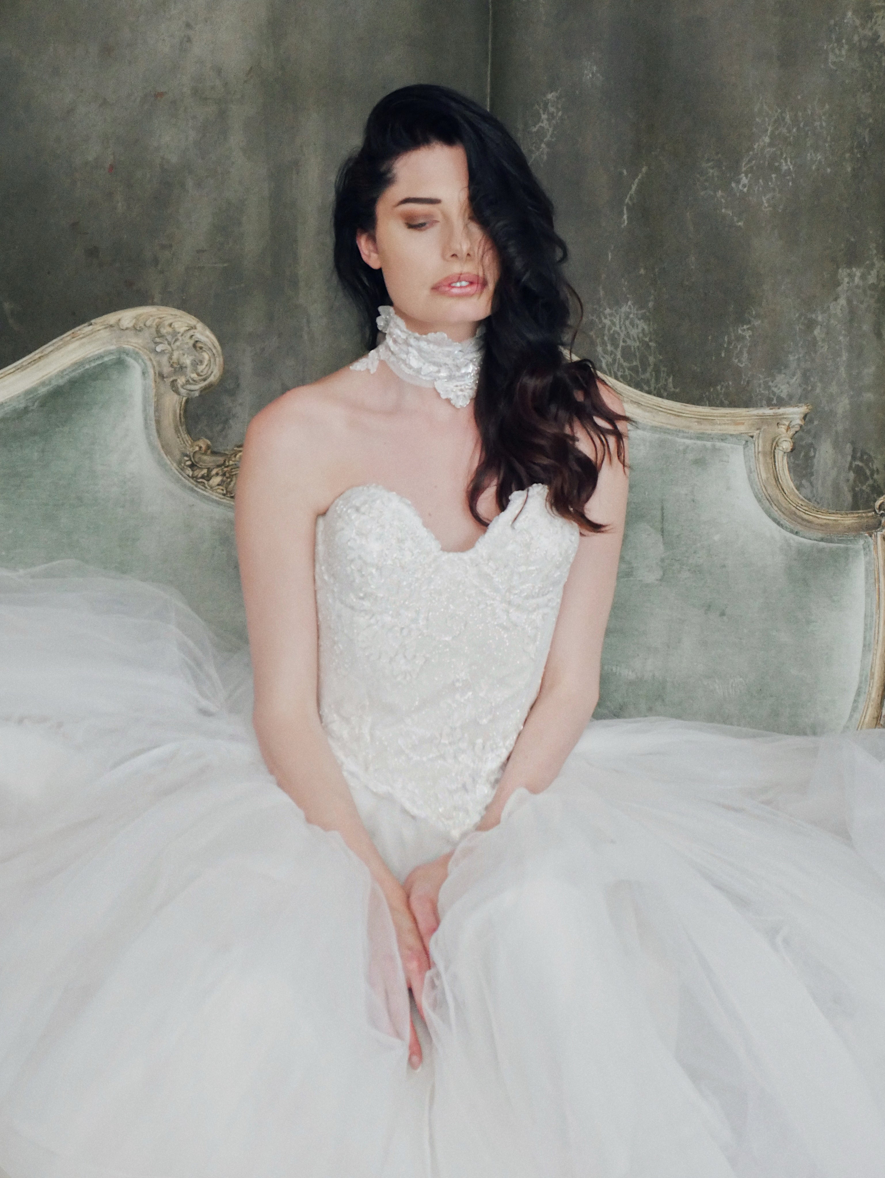 Lauren Elaine Regency Basque Waist Chantilly Lace Bridal Corset with lace bridal choker.