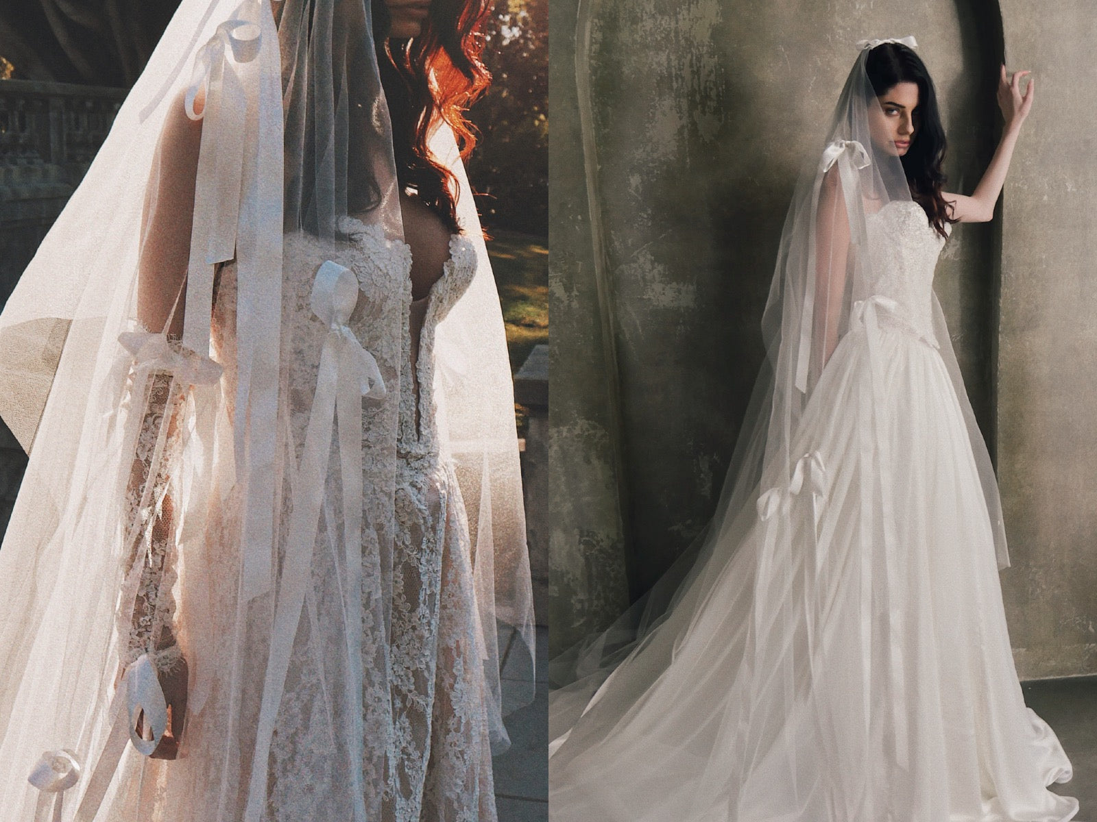 A model poses in an ethereal wedding veil draped with satin bows by Lauren Elaine.