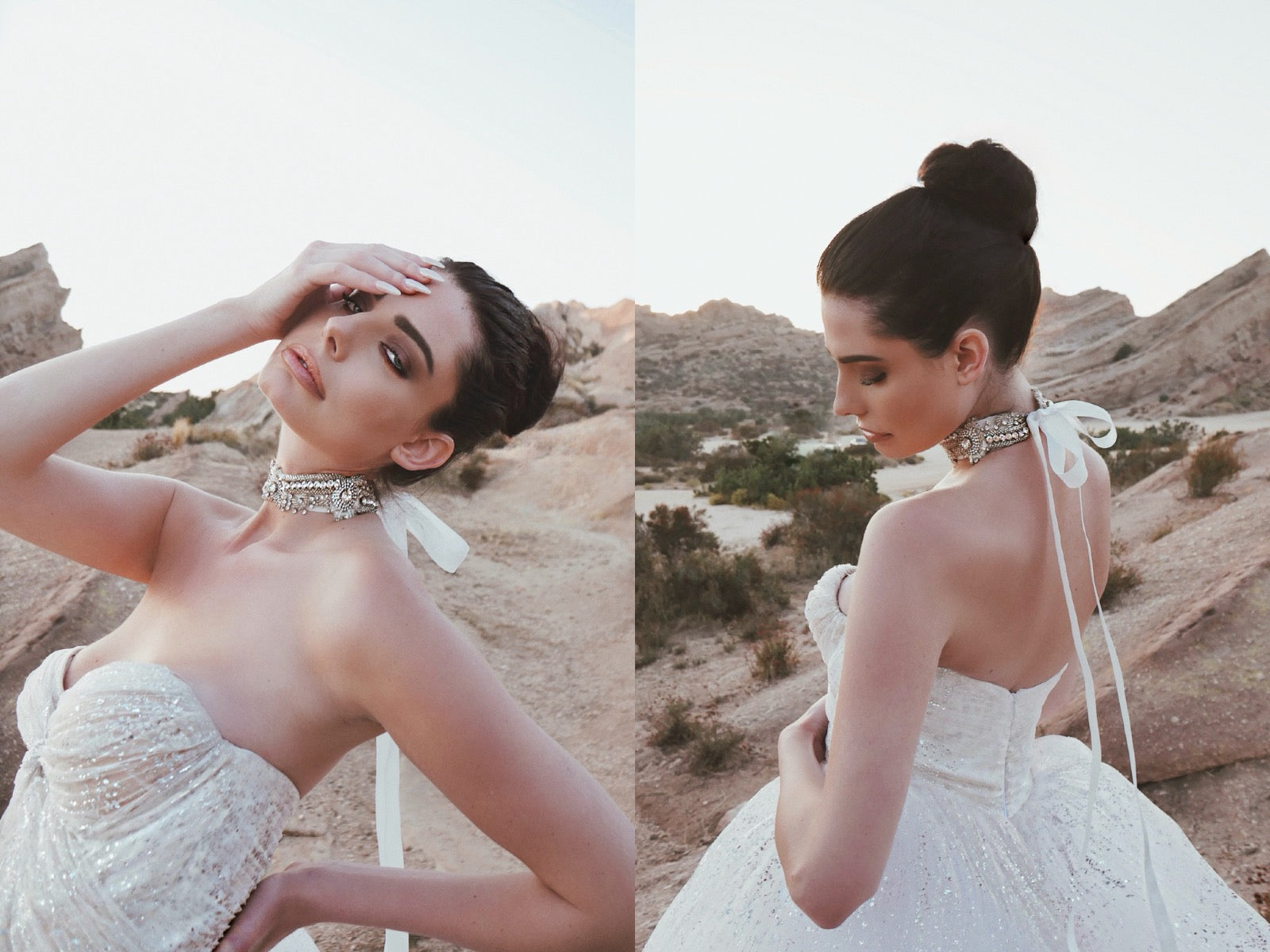 A model wears the Lauren Elaine Starlight Bridal Choker with the Starlight Bridal Gown