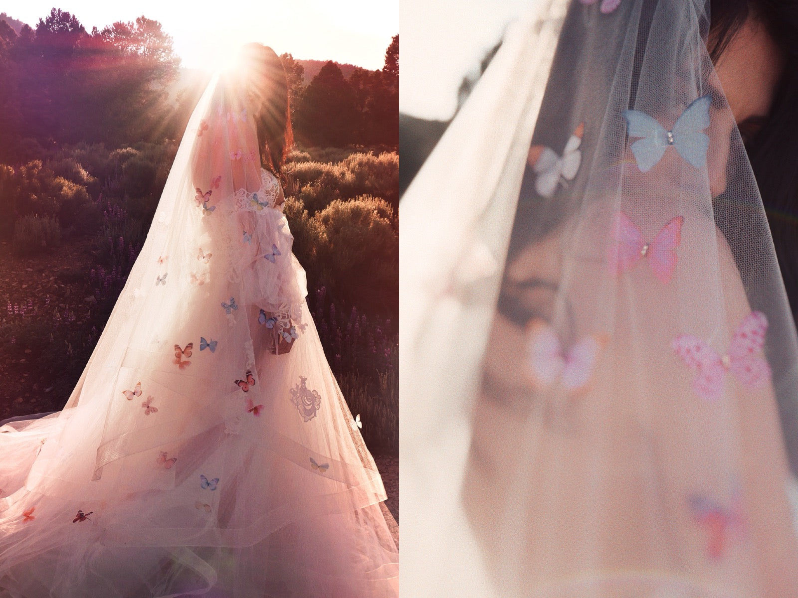 A model wears a rainbow ombre butterfly wedding veil by Lauren Elaine FRONT