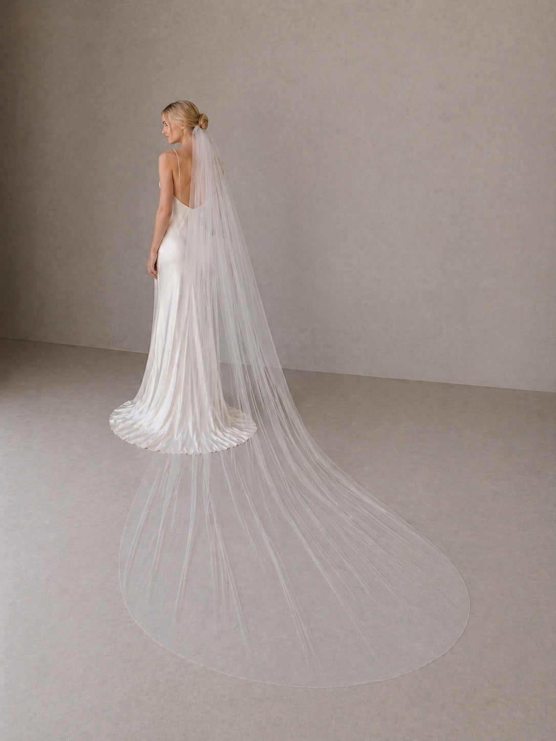 off white classic tulle wedding veil slim width cathedral length raw edge single layer bridal veil