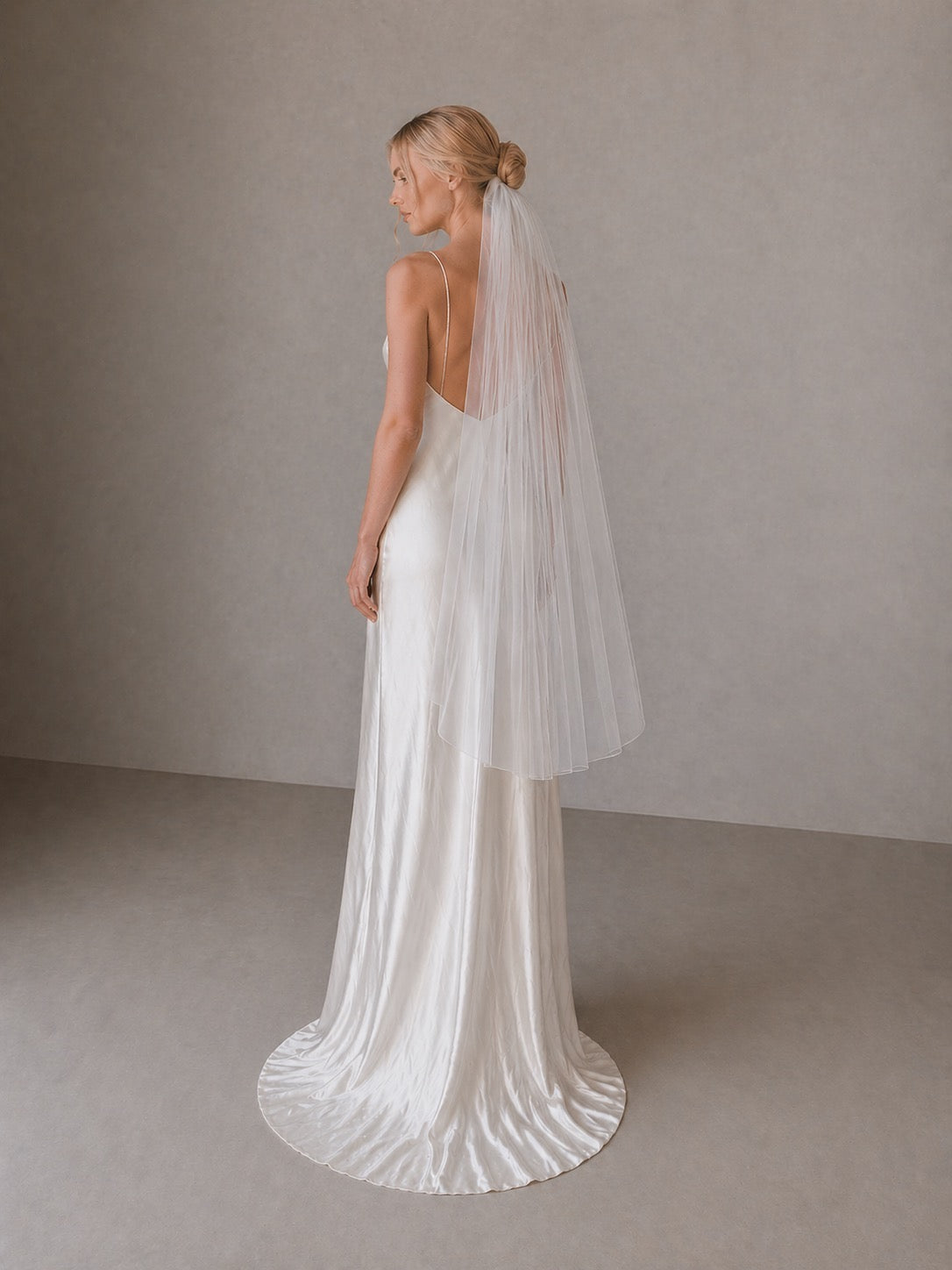 off white classic tulle wedding veil slim width cathedral length raw edge single layer bridal veil