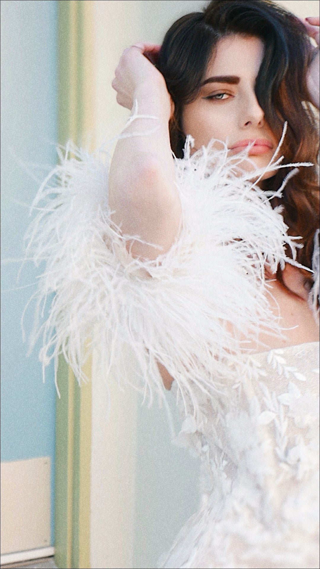 Lauren Elaine Limelight Veil: Pearl tulle veil with lace flower appliqués