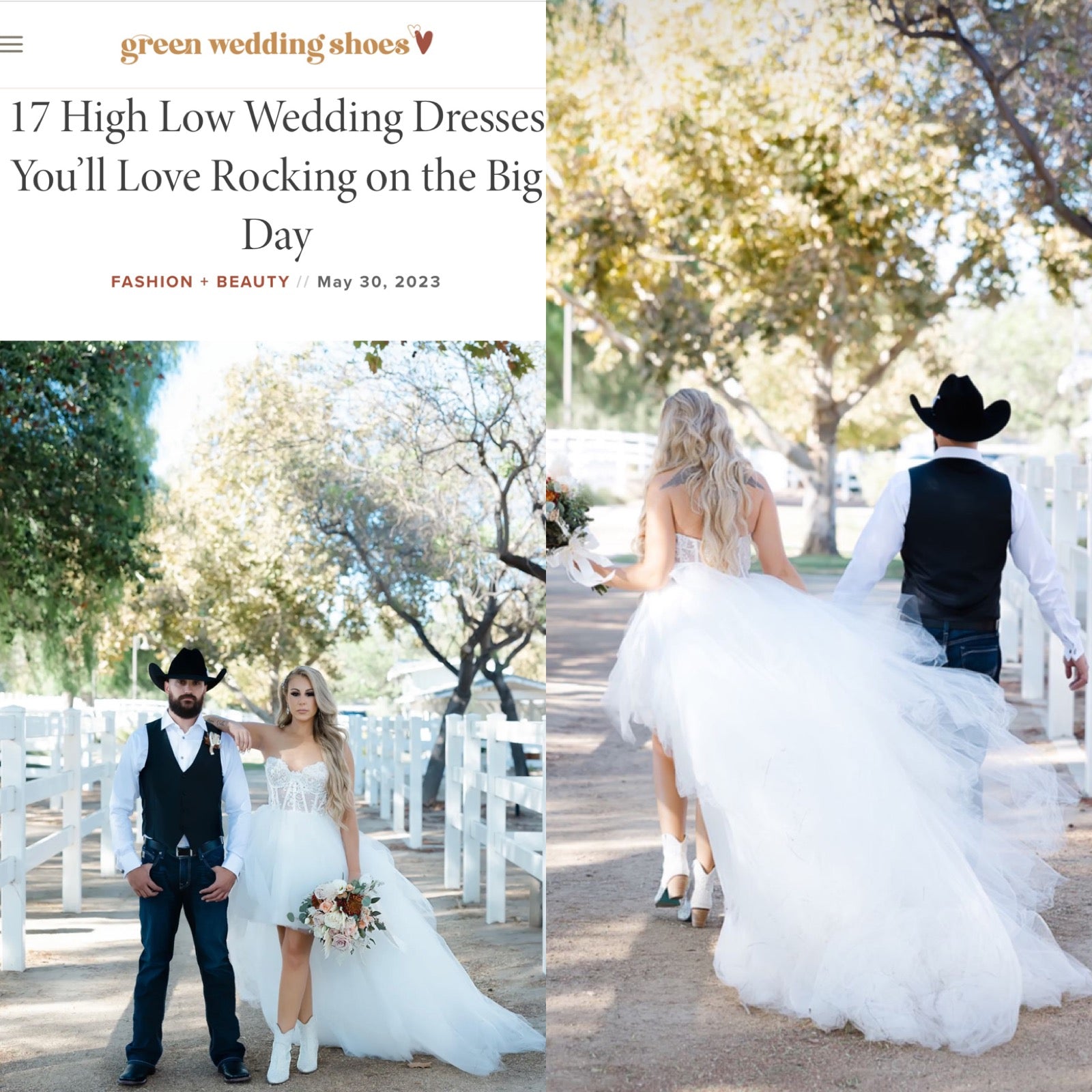 Bride Cailyn is featured on Green Wedding Shoes wearing her custom Lauren Elaine High Low Wedding Dress