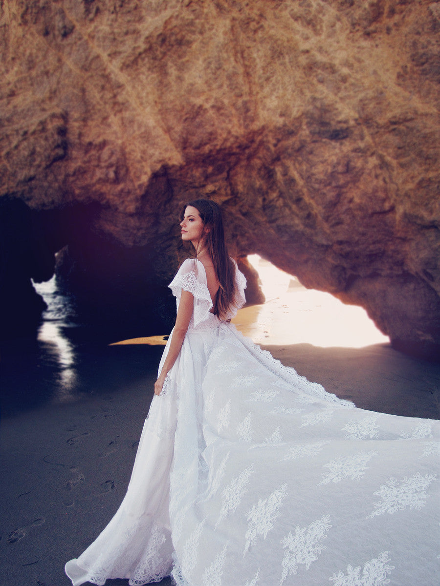 Ethereal and bohemian wedding dresses and bridal gowns for destination weddings by Lauren Elaine.