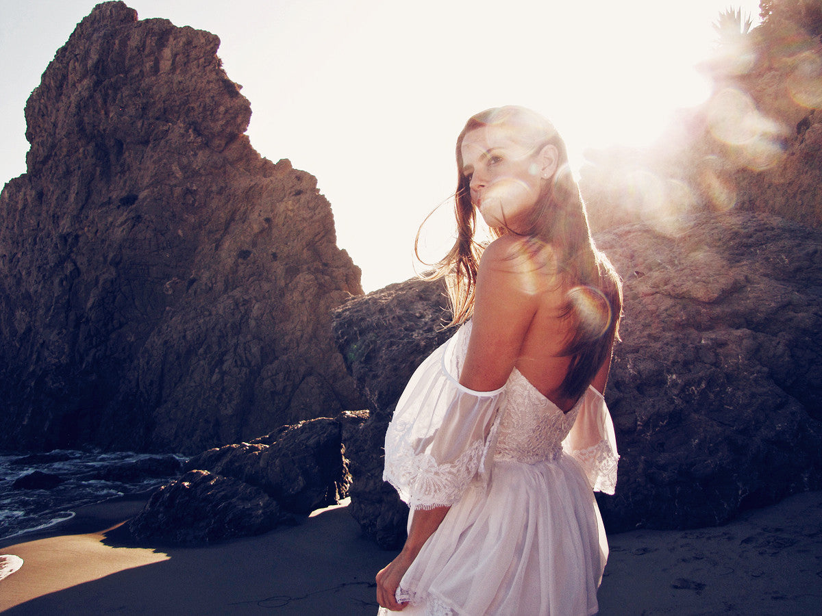 Bohemian off-the-shoulder lace wedding wedding for beach weddings and destination weddings