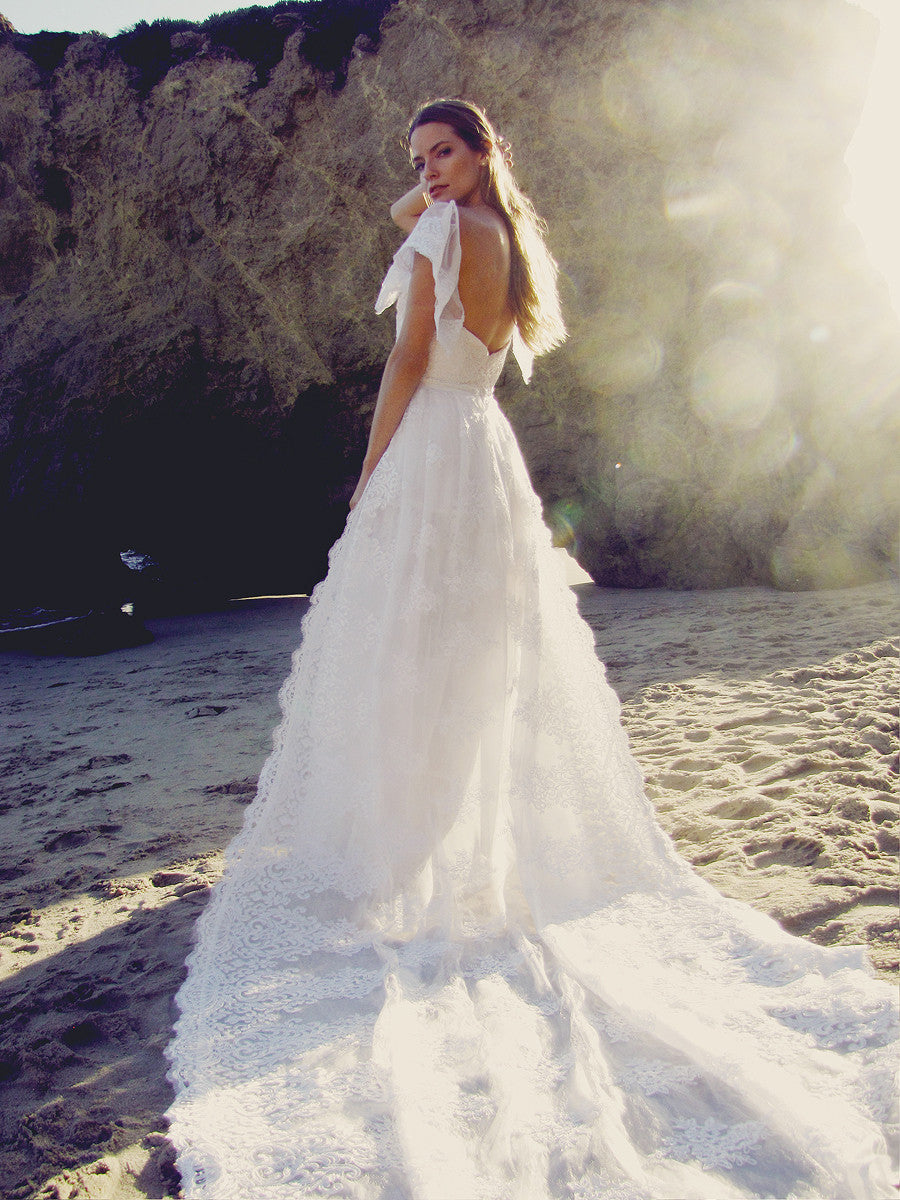 Lauren Elaine Astoria | Bohemian Lace and Ruffle Chiffon Wedding Dress 8 / White (Pictured) / Detachable Lace Train Lauren Elaine Astoria | Bohemian Lace and Ruffle Chiffon Wedding Dress 8 / White (Pictured) / Detachable Lace Train