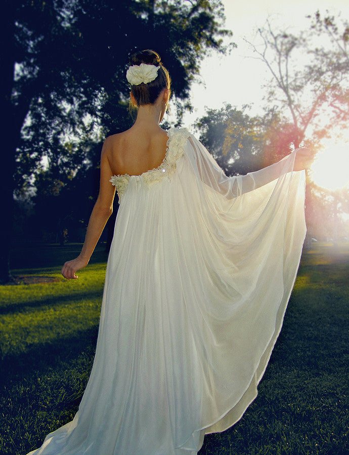 Ethereal grecian bohemian one-shoulder bridal gown with chiffon and lace