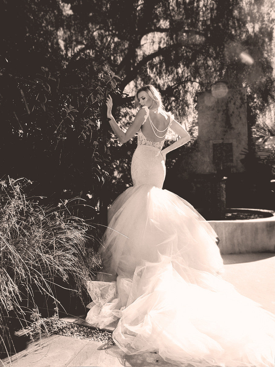 Detachable cathedral train mermaid wedding gown by Lauren Elaine Bridal.