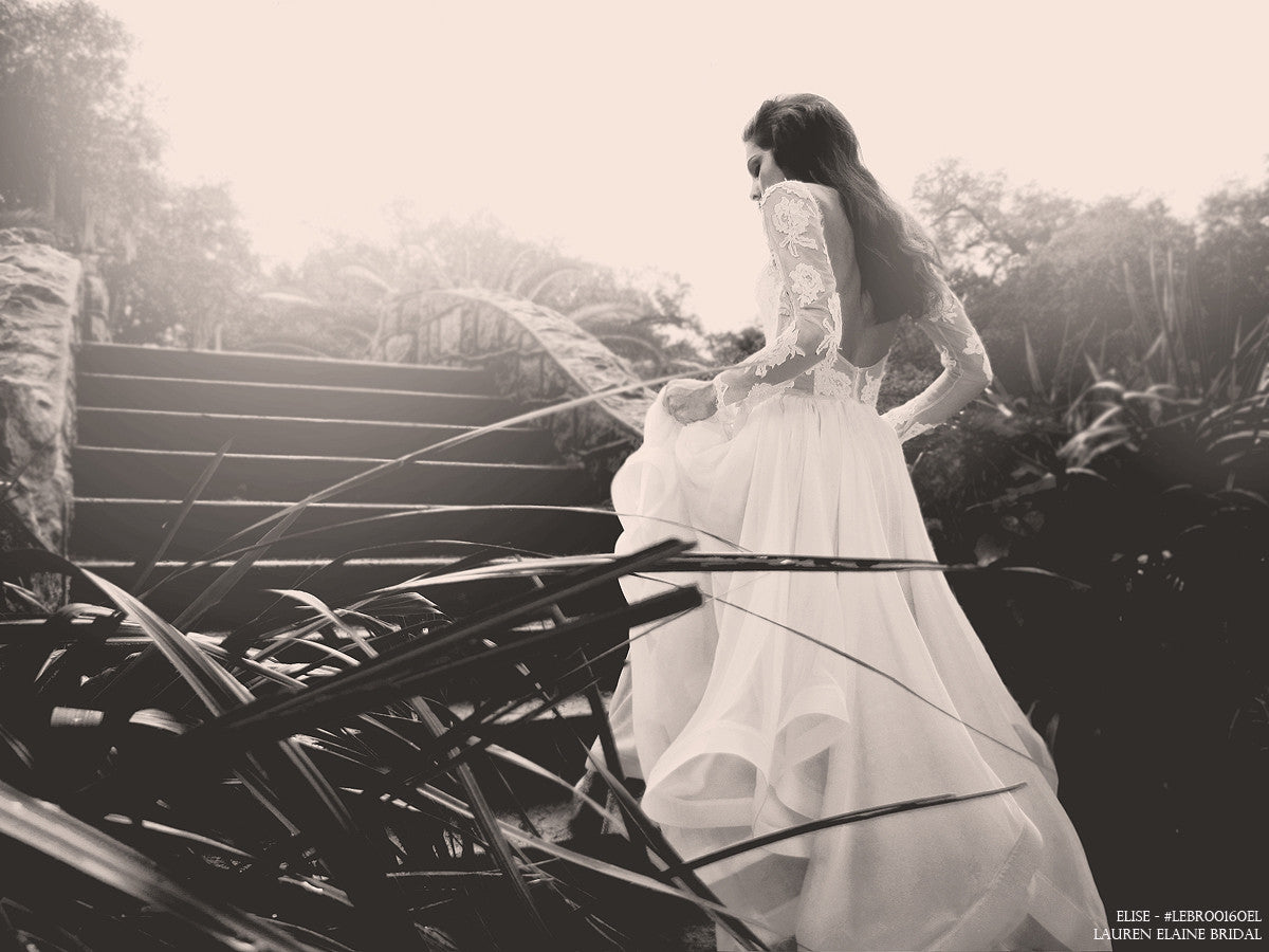 Backless chiffon ball gown with lace illusion sleeves by Lauren Elaine