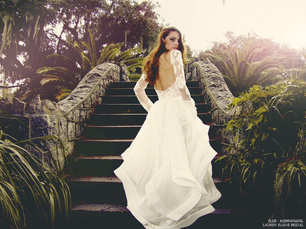 Backless chiffon horsehair petal ball gown. Elise by Lauren Elaine Bridal.