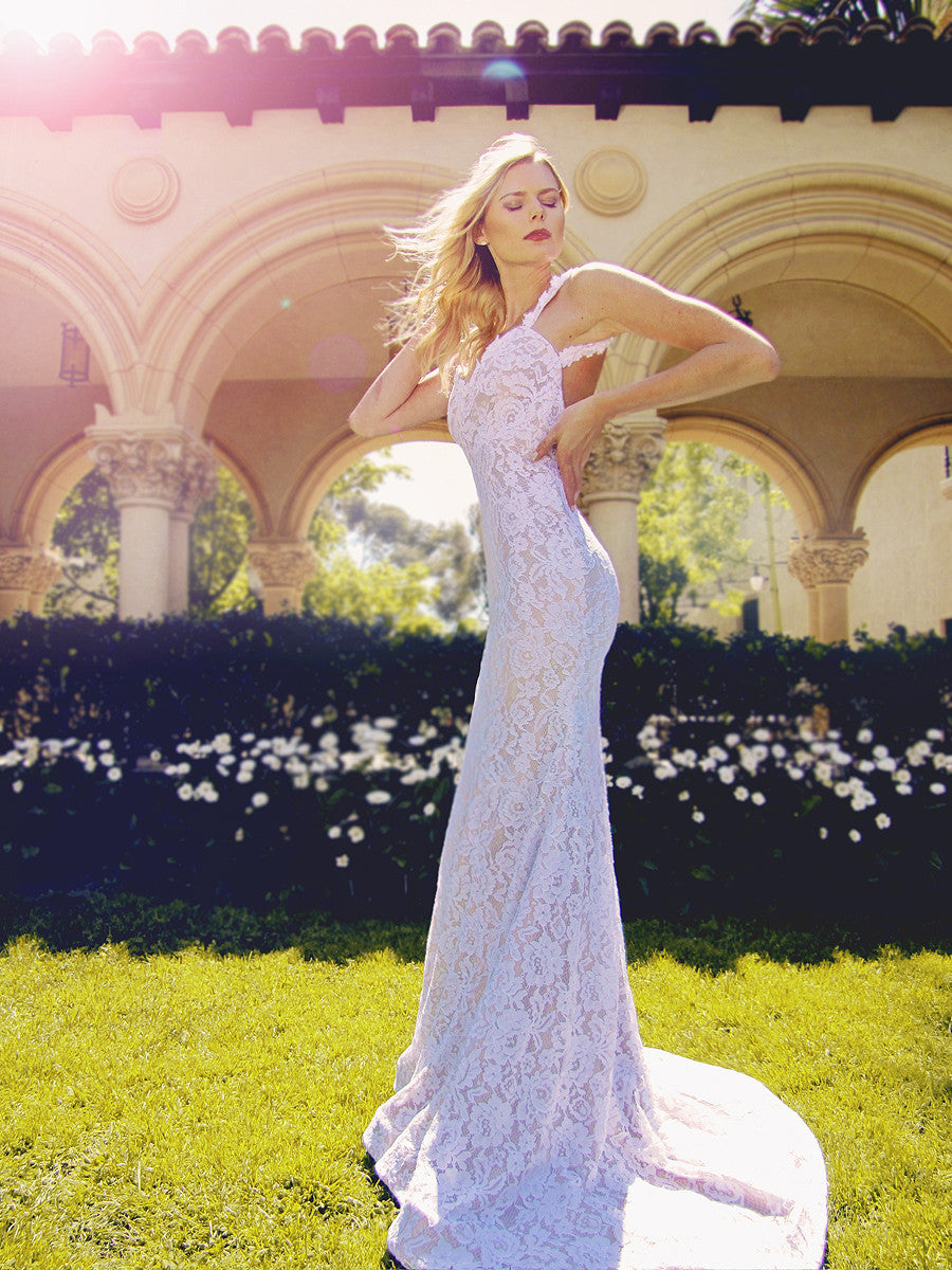 Backless lace trumpet illusion Amara wedding gown by Lauren Elaine
