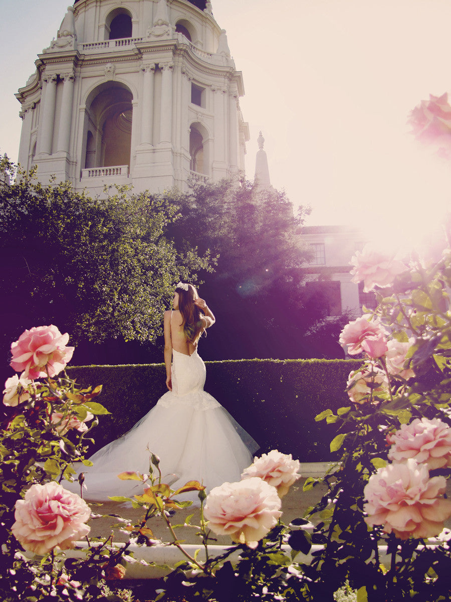 Low back mermaid wedding gown with detachable tulle skirt and train