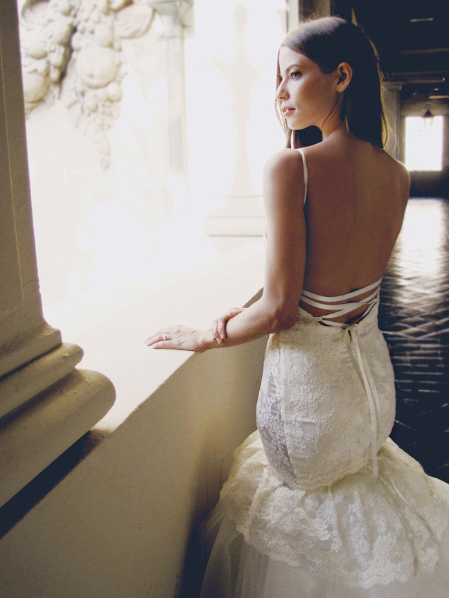 Lace-up open back lace wedding gown with spaghetti straps