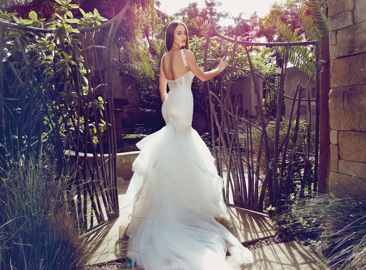 crystal beaded mermaid wedding dress with backless corset design