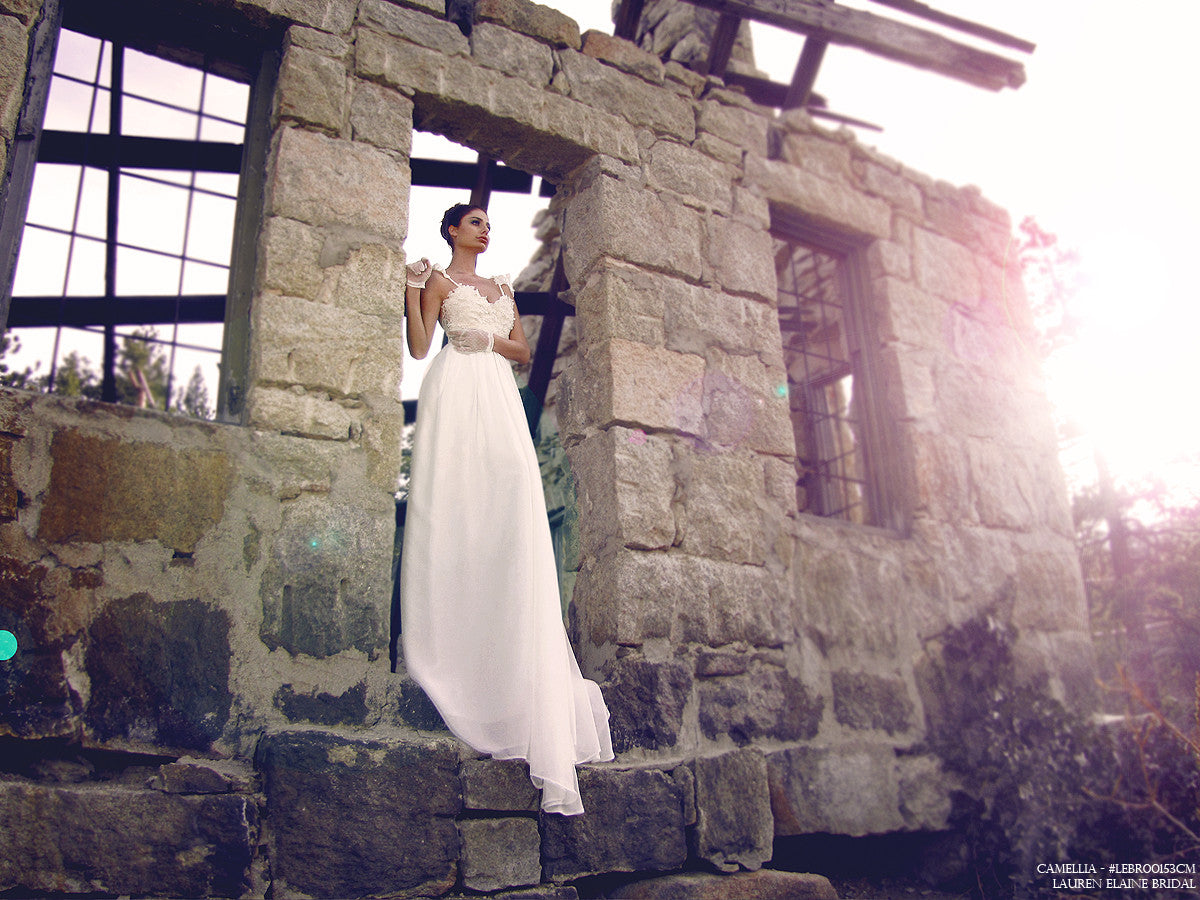 Lauren Elaine Camellia Gown. Ethereal wedding gowns made in the USA. Illusion bridal gowns.