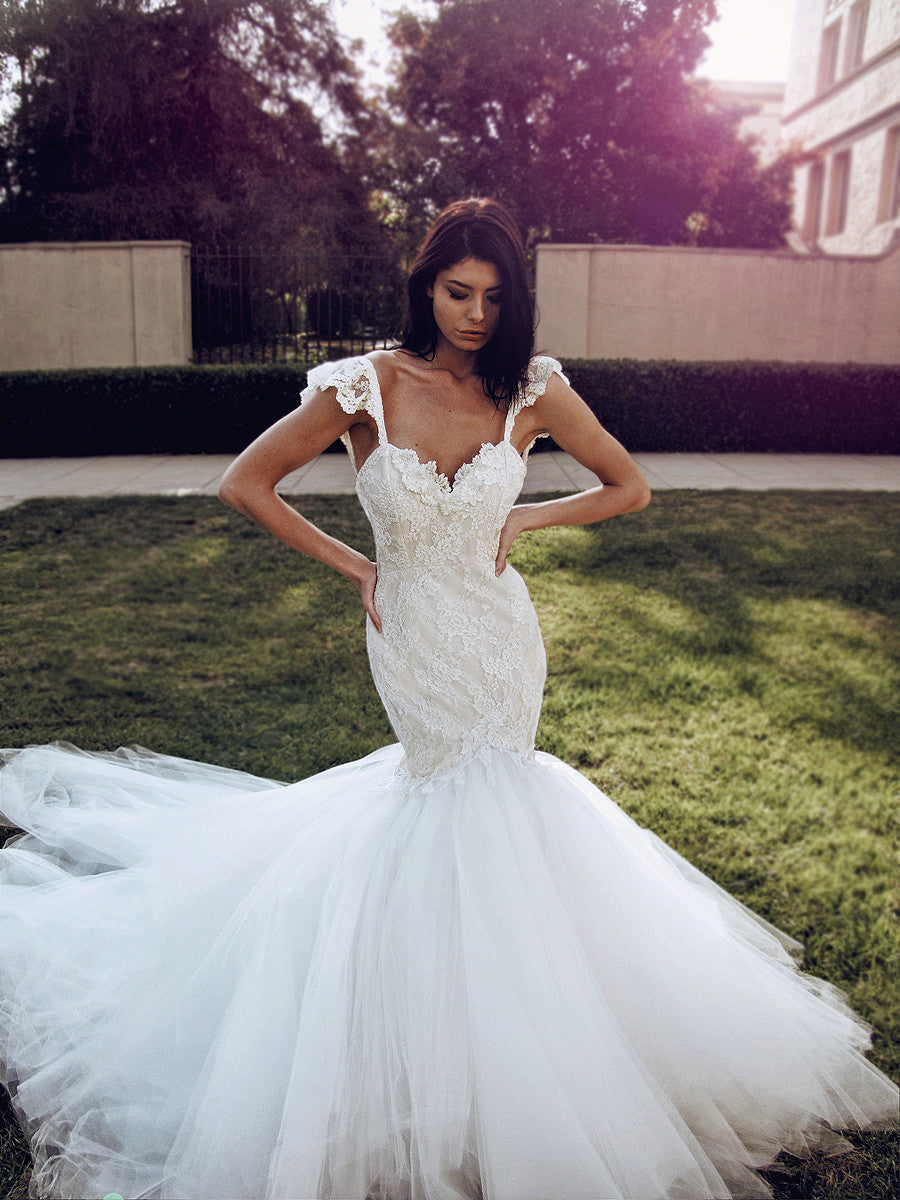 Sexy form-fit lace mermaid wedding dress with sweetheart bodice and cathedral train