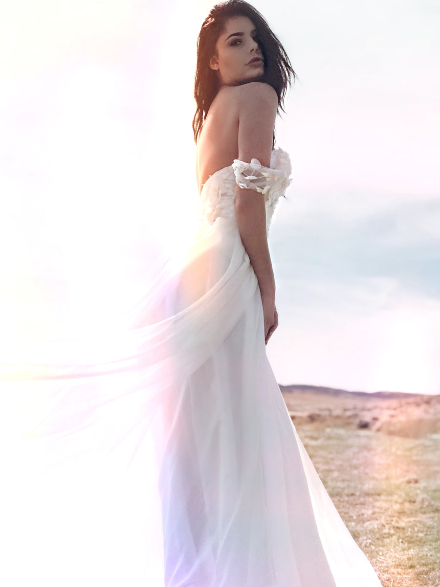 Bohemian off-the-shoulder lace wedding wedding for beach weddings and destination weddings