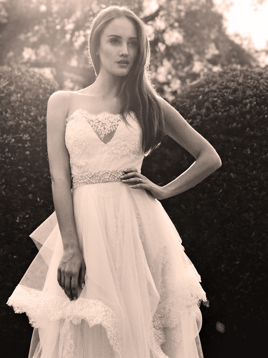 princess fairytale a line ball gown wedding dress wedding gown sparkle crystal pearl belt horsehair hemline illusion strapless blush halcyon lauren elaine