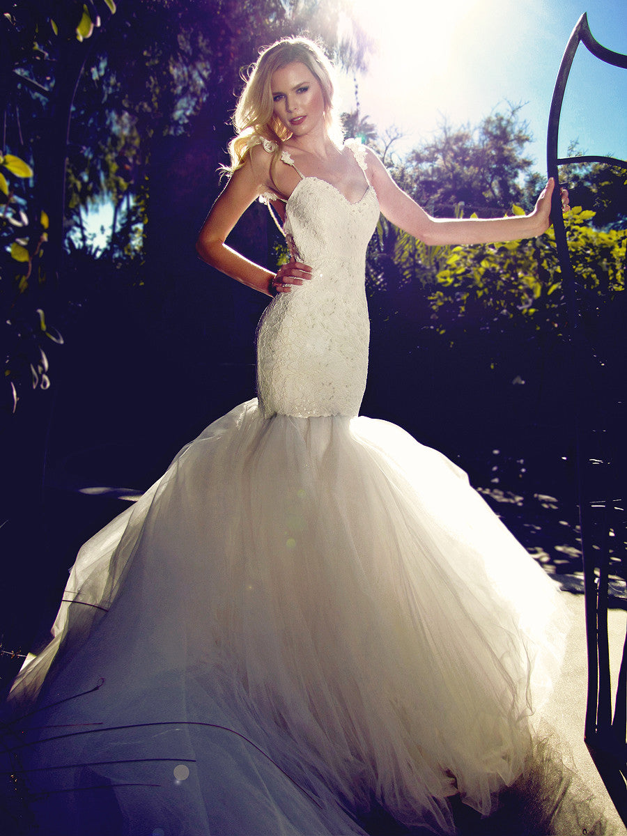 Sexy mermaid wedding gown with tulle train and open back. Oriana by Lauren Elaine.