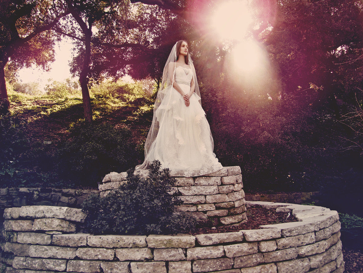 Fairytale princess wedding dress wedding gown tulle lace peplum horsehair hem crystal sparkle pearl belt halcyon lauren elaine los angeles