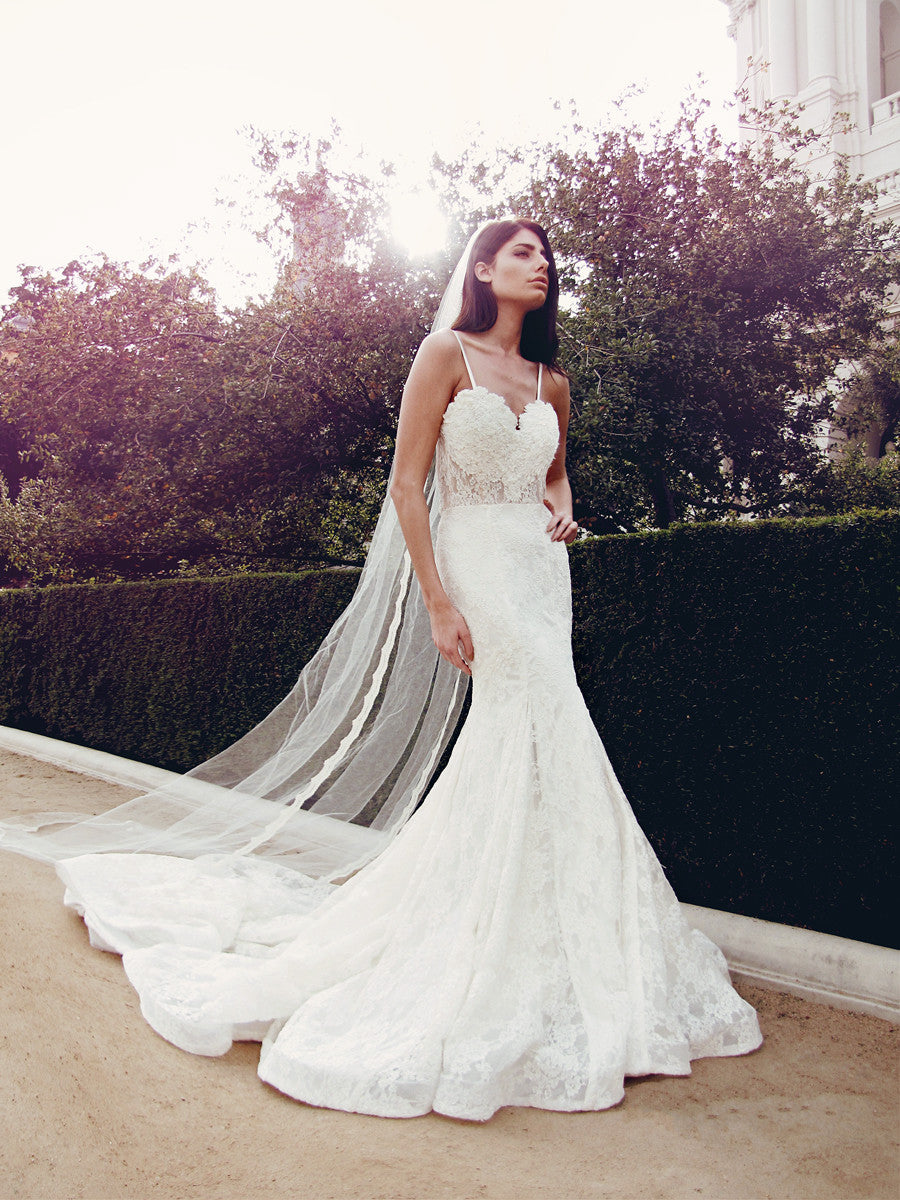 Ivory lace illusion wedding gown with horsehair scallop and cathedral train and veil by Lauren Elaine Bridal