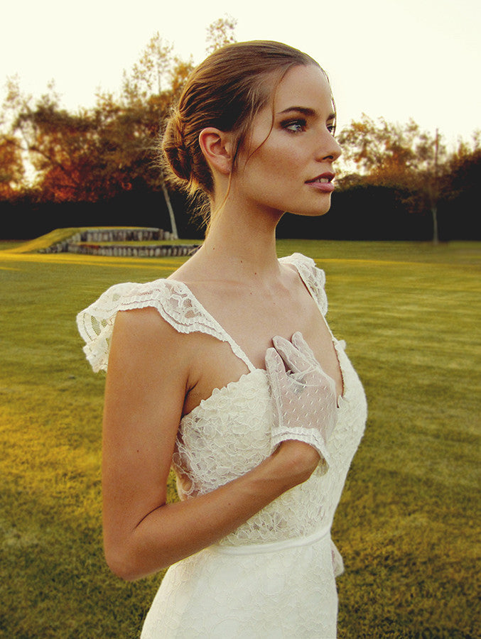 Lauren Elaine Gardenia gown, french lace trumpet with ruffled sleeves