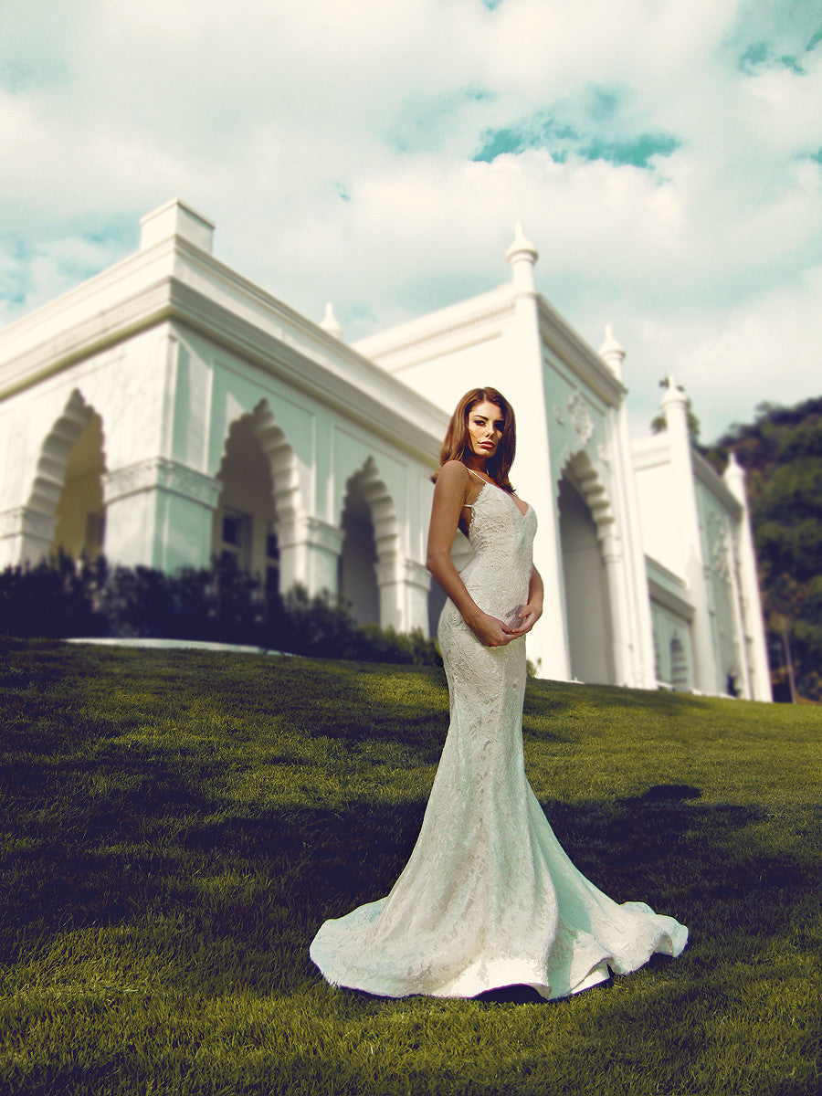 French corded lace vintage inspired trumpet wedding gown. Exquisite french princess seams and sweetheart neckline.