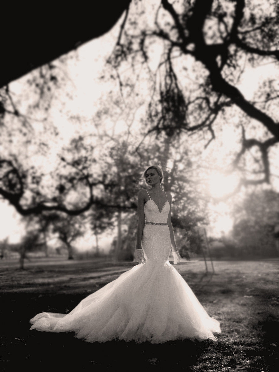 Alencon lace tulle mermaid wedding gown with cathedral train