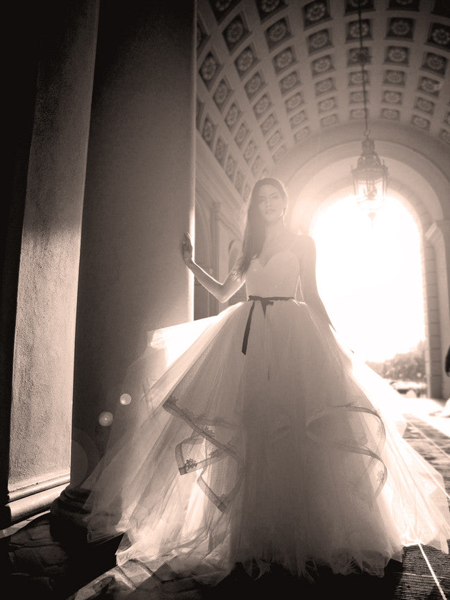 Ballerina inspired tulle wedding gown with black accent.