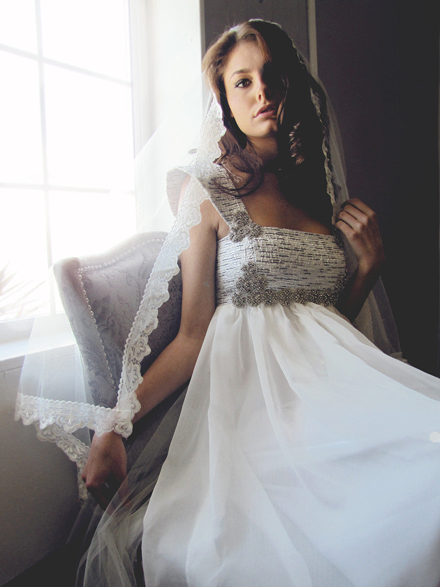 Brocade, chiffon, empire waist, Swarovski Crystal, A-line, Cap-Sleeve