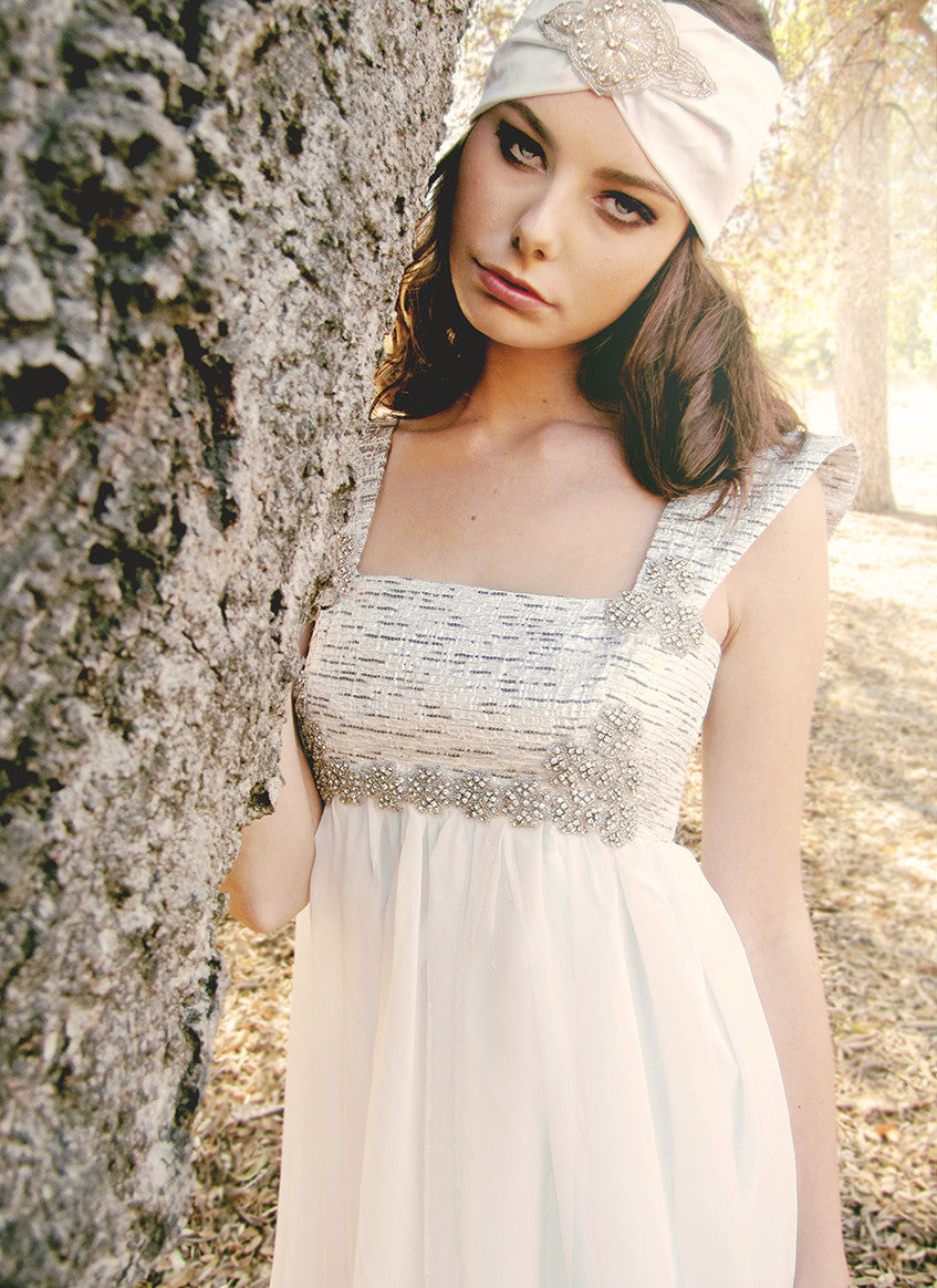 Brocade, chiffon, empire waist, Swarovski Crystal, A-line, Cap-Sleeve