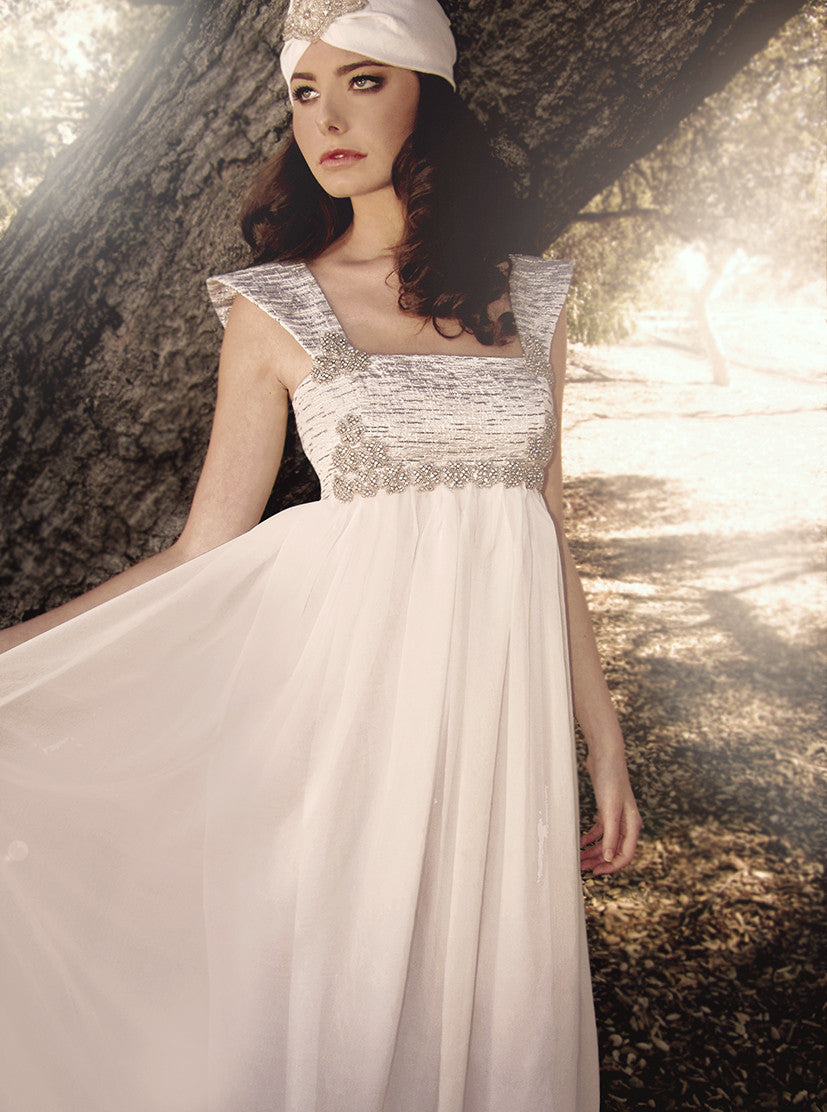 Brocade, chiffon, empire waist, Swarovski Crystal, A-line, Cap-Sleeve