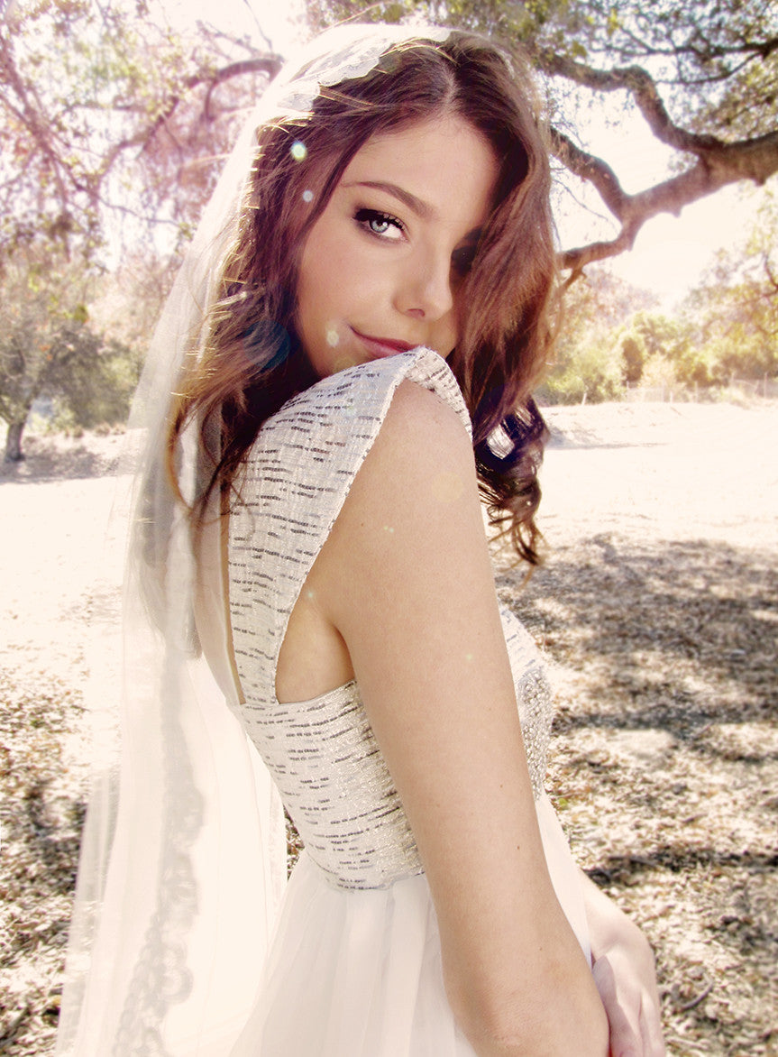 Brocade, chiffon, empire waist, Swarovski Crystal, A-line, Cap-Sleeve