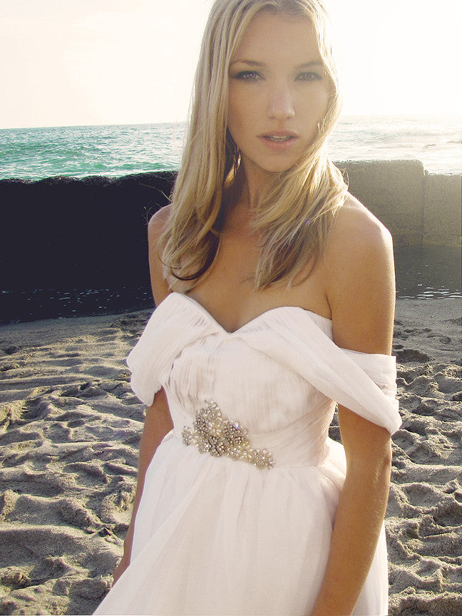 A-line Gown, Off-The-Shoulder, Ruched, Chiffon, Sweetheart, Swarovski Crystal