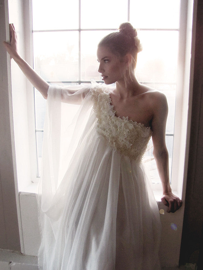 Lauren Elaine Aurora gown. 1970s vintage inspired ethereal bridal gown.