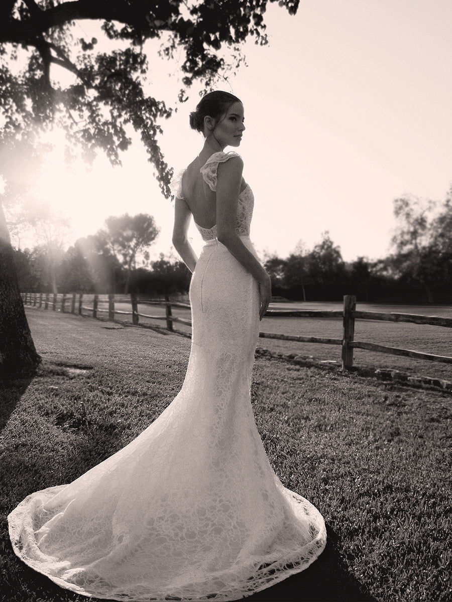 backless trumpet mermaid french lace illusion bridal gown with cap sleeves