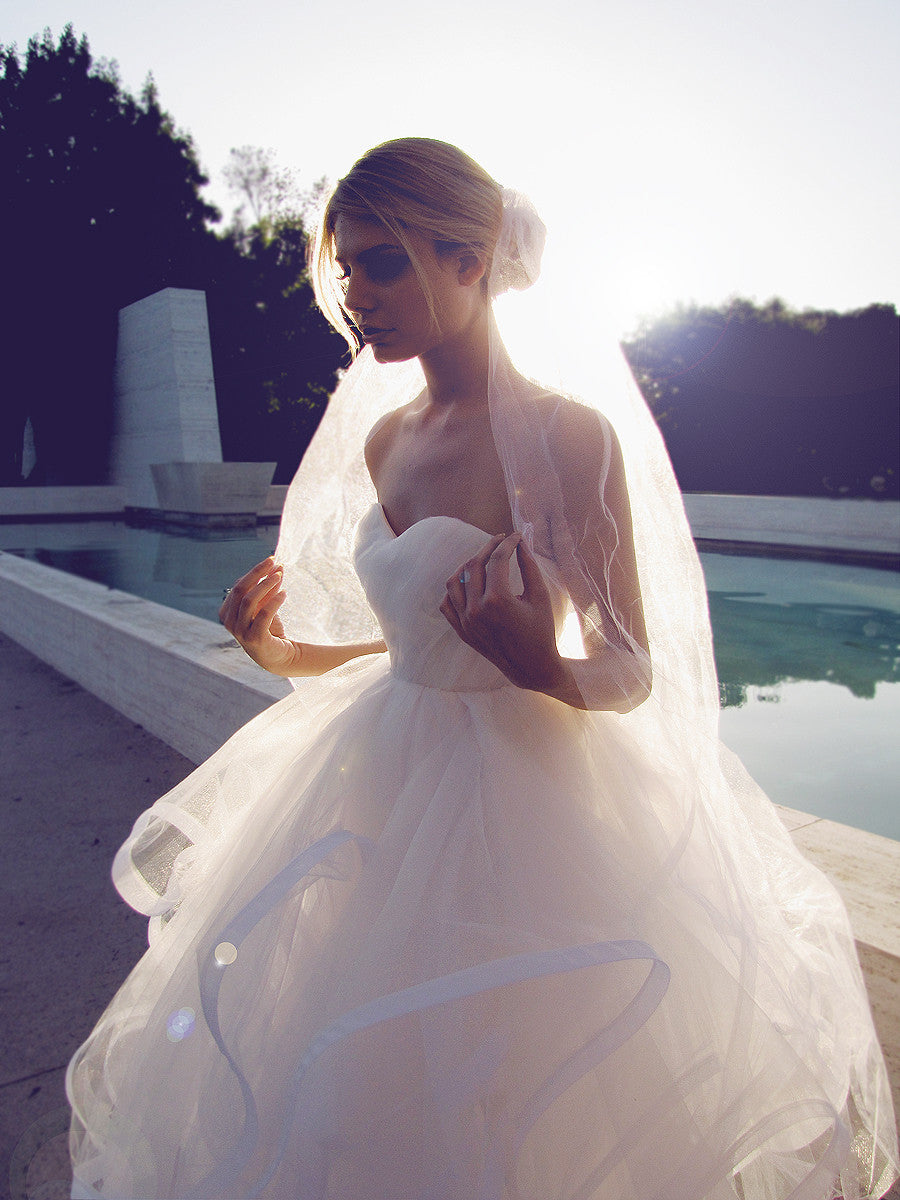 Blush tulle ball gown. Designer wedding gowns. 