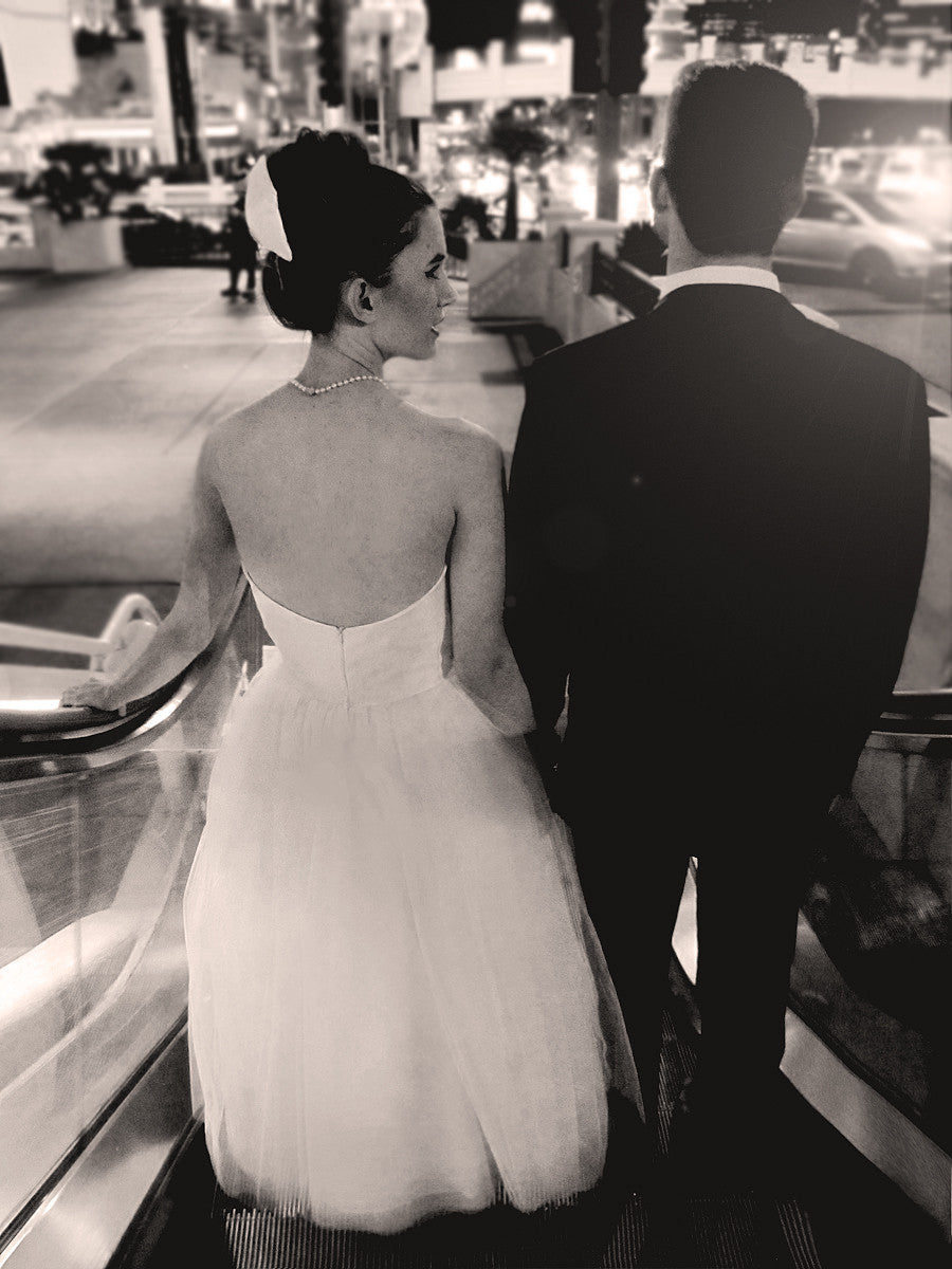 Vintage inspired tea-length bridal. Lauren Elaine Reception Collection.