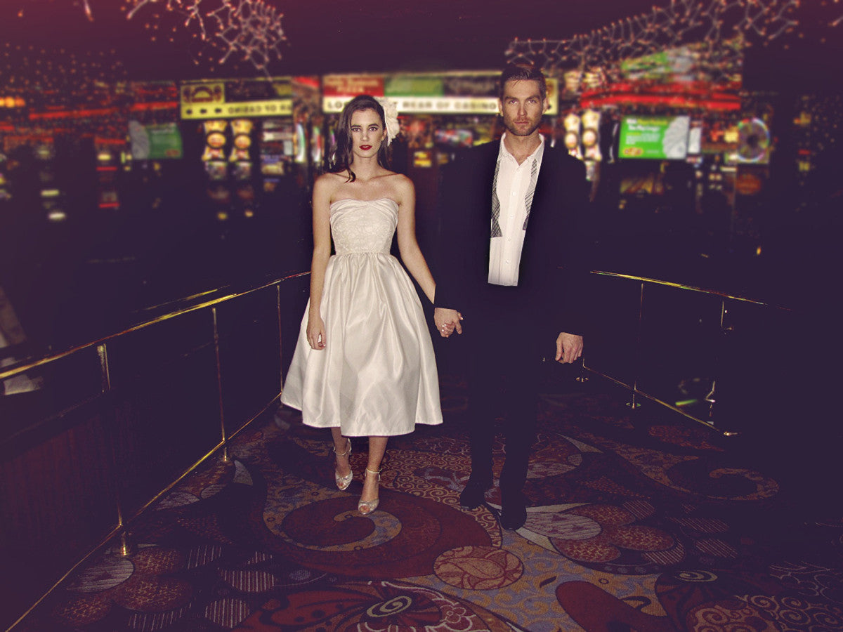 Short vintage A-line 1950s bridal. The Lana by Lauren Elaine Reception Collection.