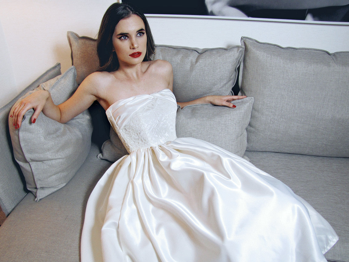 Retro 1950's satin wedding dress with crinoline petticoat. The Lana by Lauren Elaine Bridal.