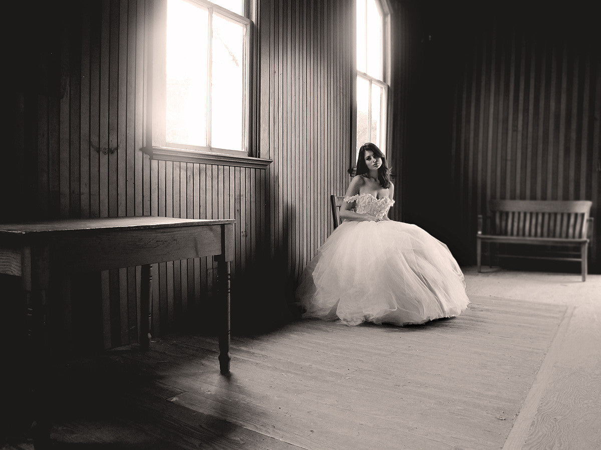 Off the shoulder tulle and lace wedding dress. Monarch by Lauren Elaine Bridal.