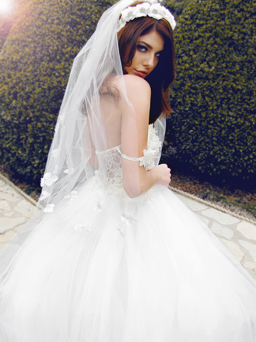 Lace illusion tulle ball gown with 3D flowers & pearls. French corded lace.